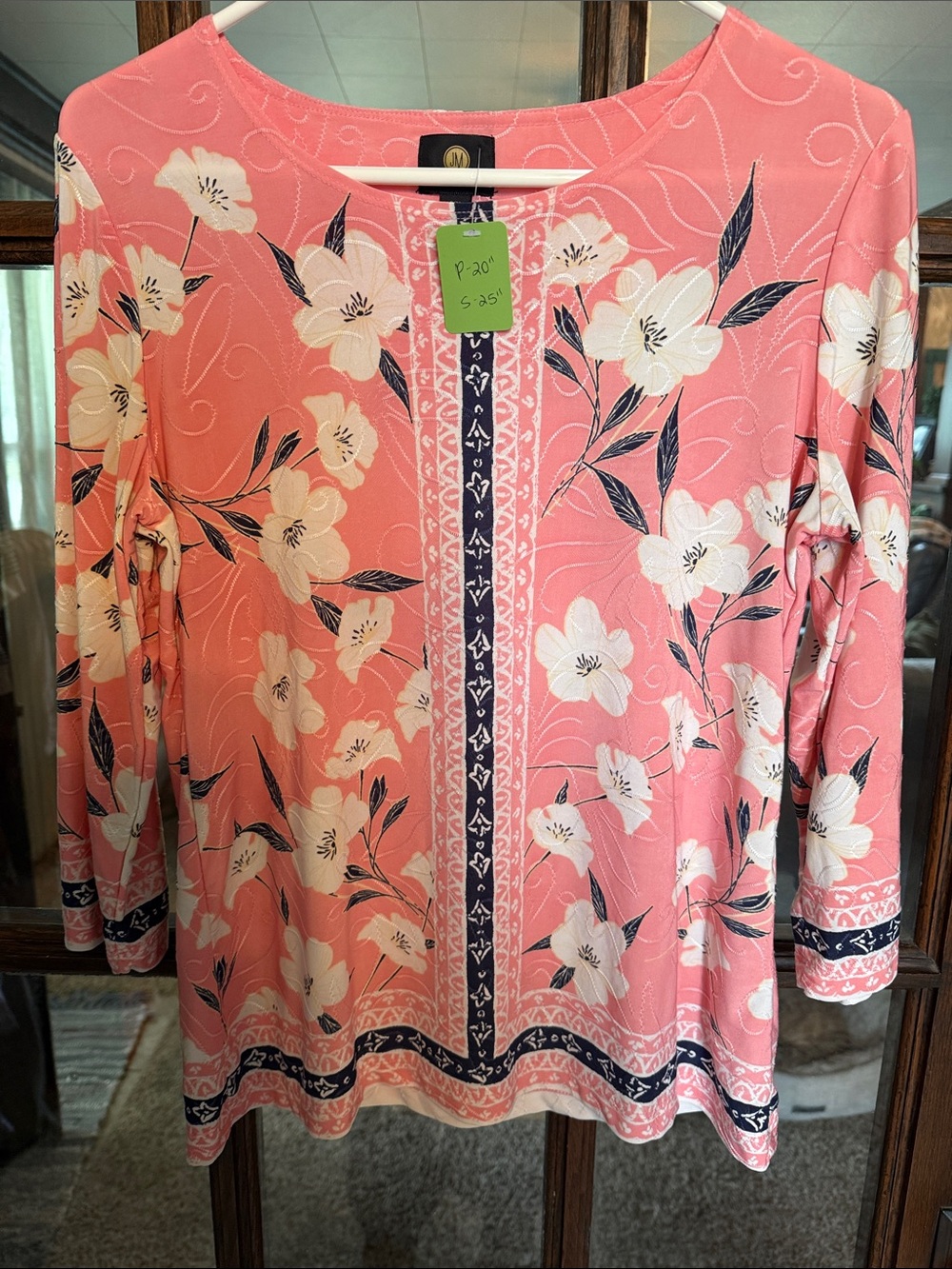 JM Collection Coral Pink Floral Border Print Embroidered Top PM Petite Medium